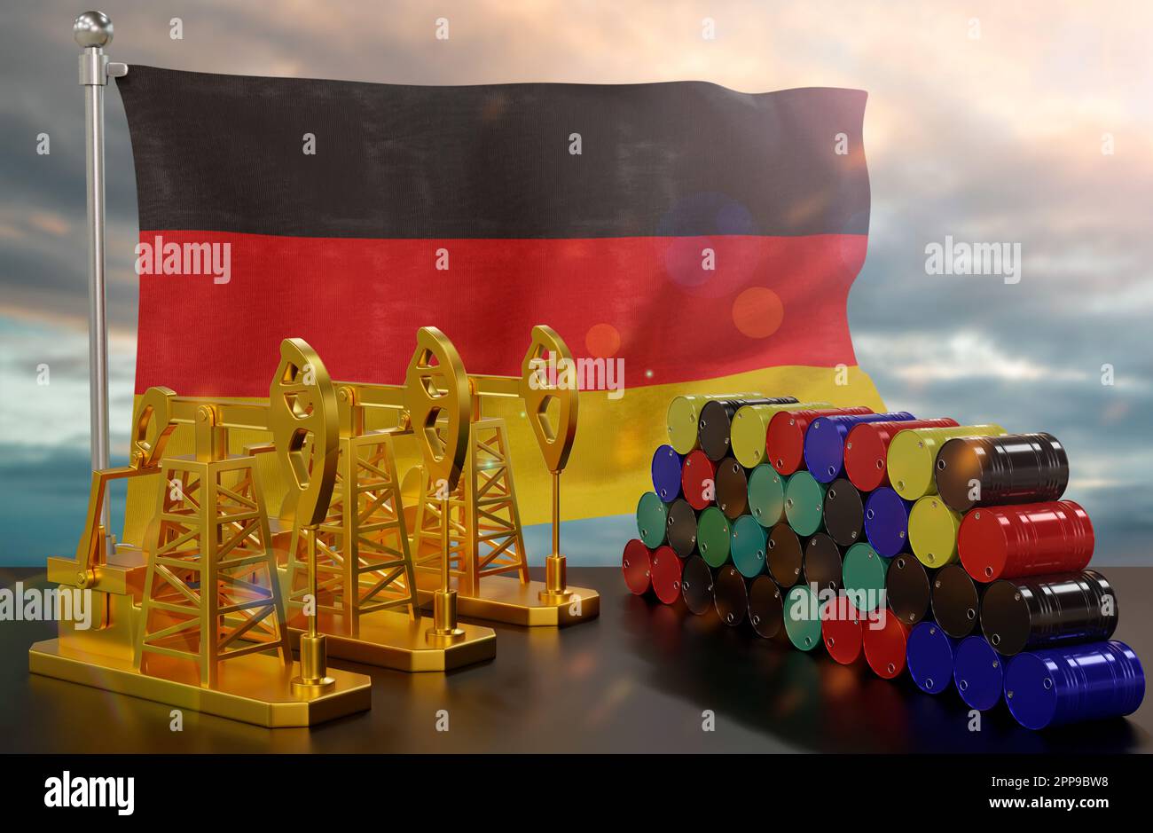 The Germany's petroleum market. Oil pump made of gold and barrels of metal.  The concept of oil production, storage and value. Germany flag in backgrou  Stock Photo - Alamy