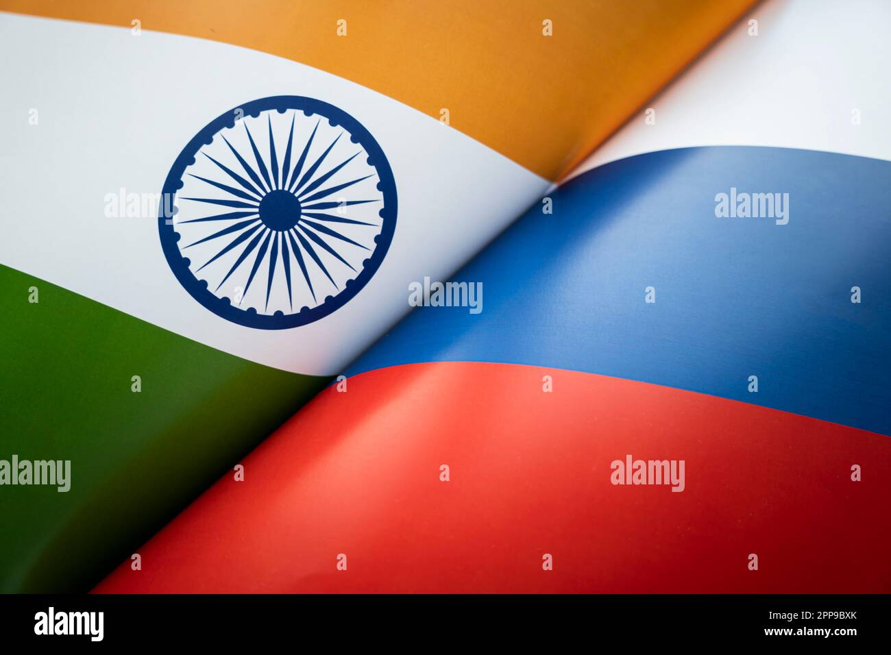 Flags of the india and Russia. The concept of international relations between countries. Sanctions against Russia. The state of governments. Friendshi Stock Photo