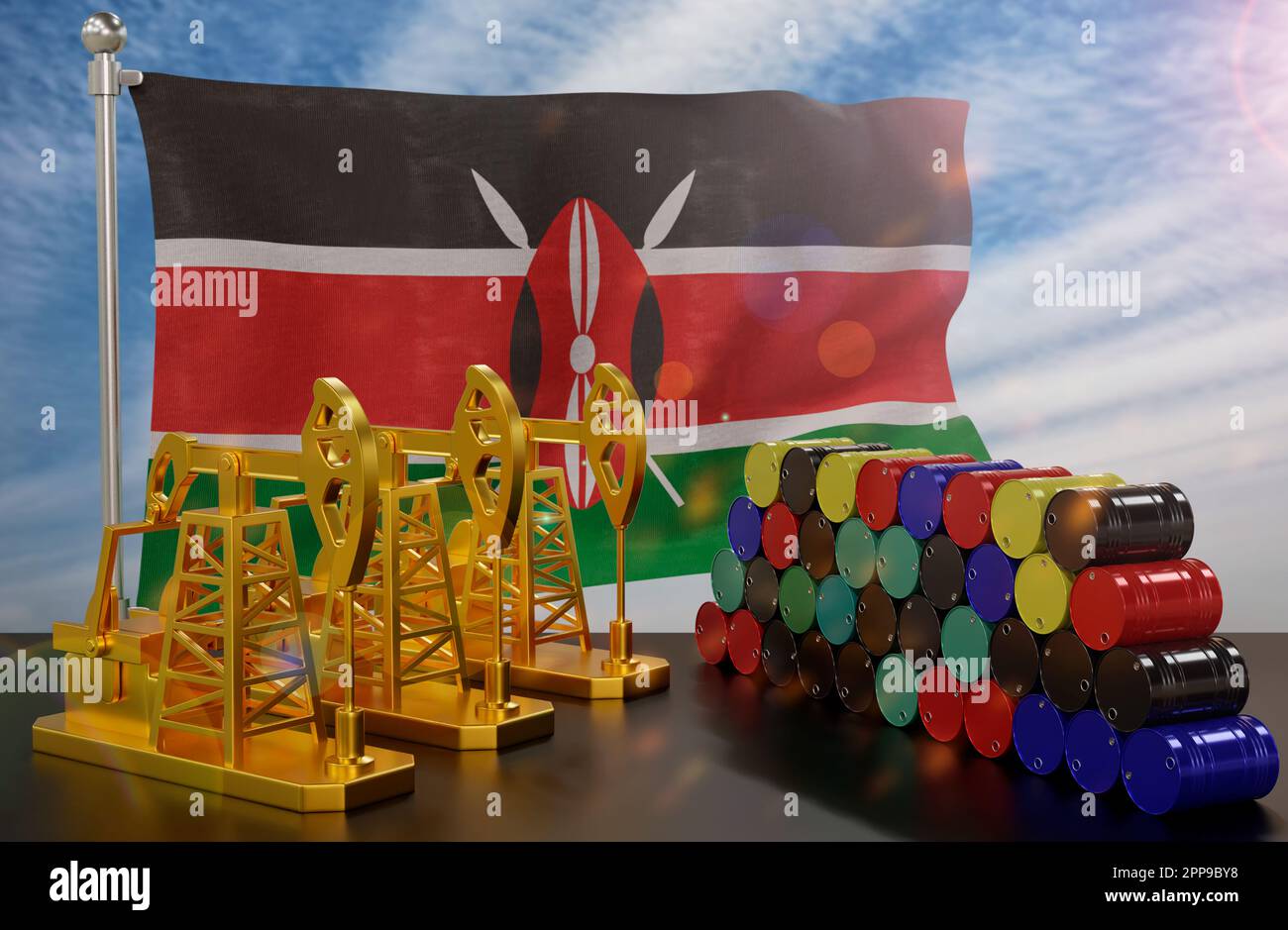 The Kenya's petroleum market. Oil pump made of gold and barrels of