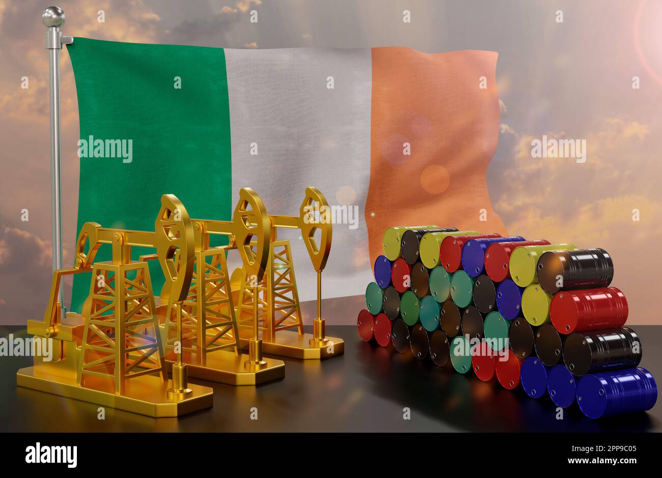 The Ireland's petroleum market. Oil pump made of gold and barrels of