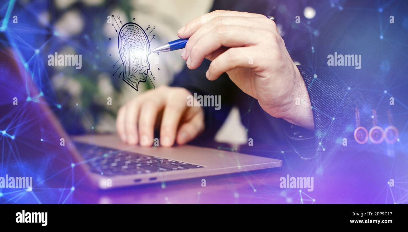 Man using Laptop or Smartphone With AI, Artificial Stock Photo