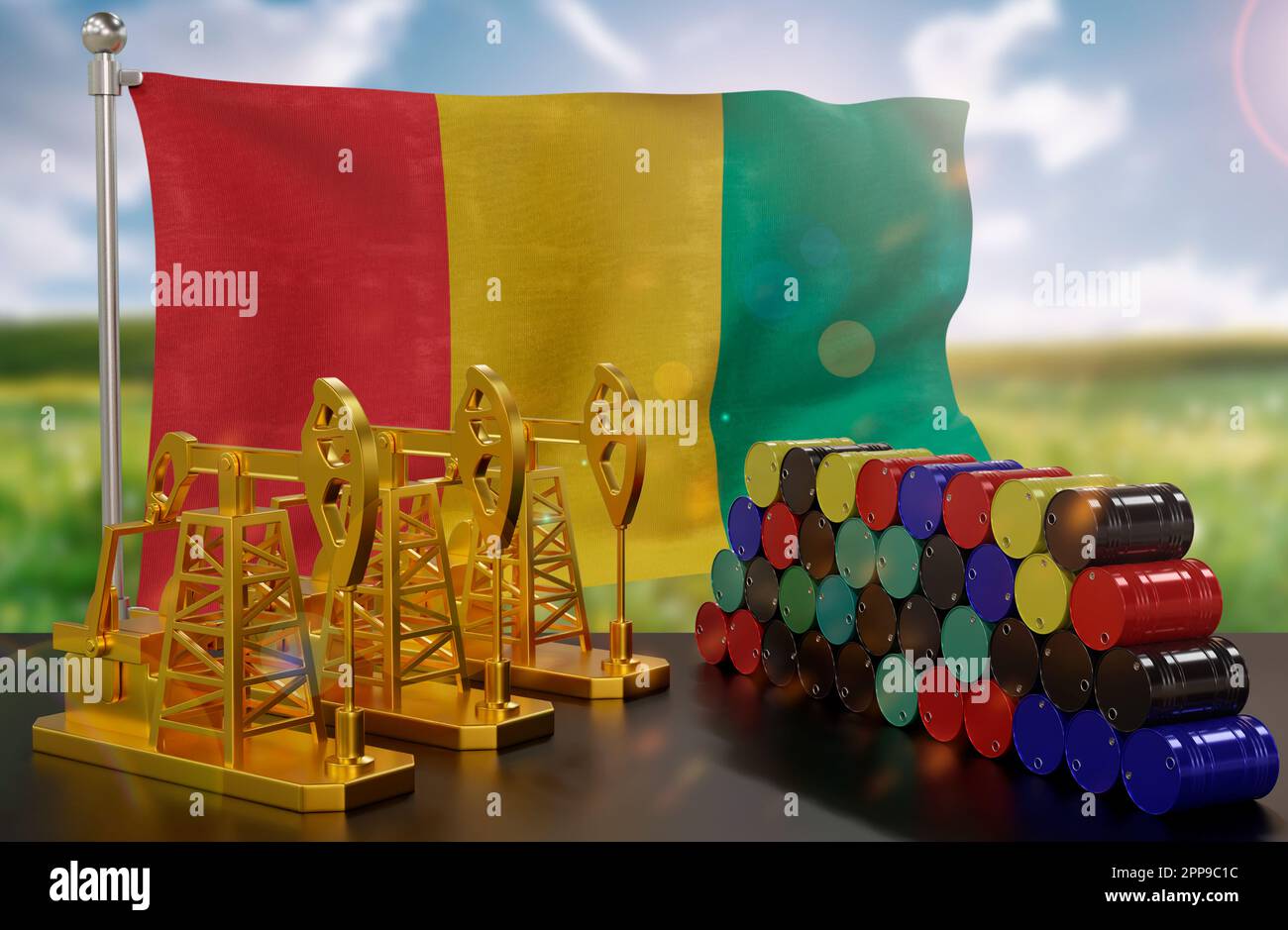 The Guinea's petroleum market. Oil pump made of gold and barrels of