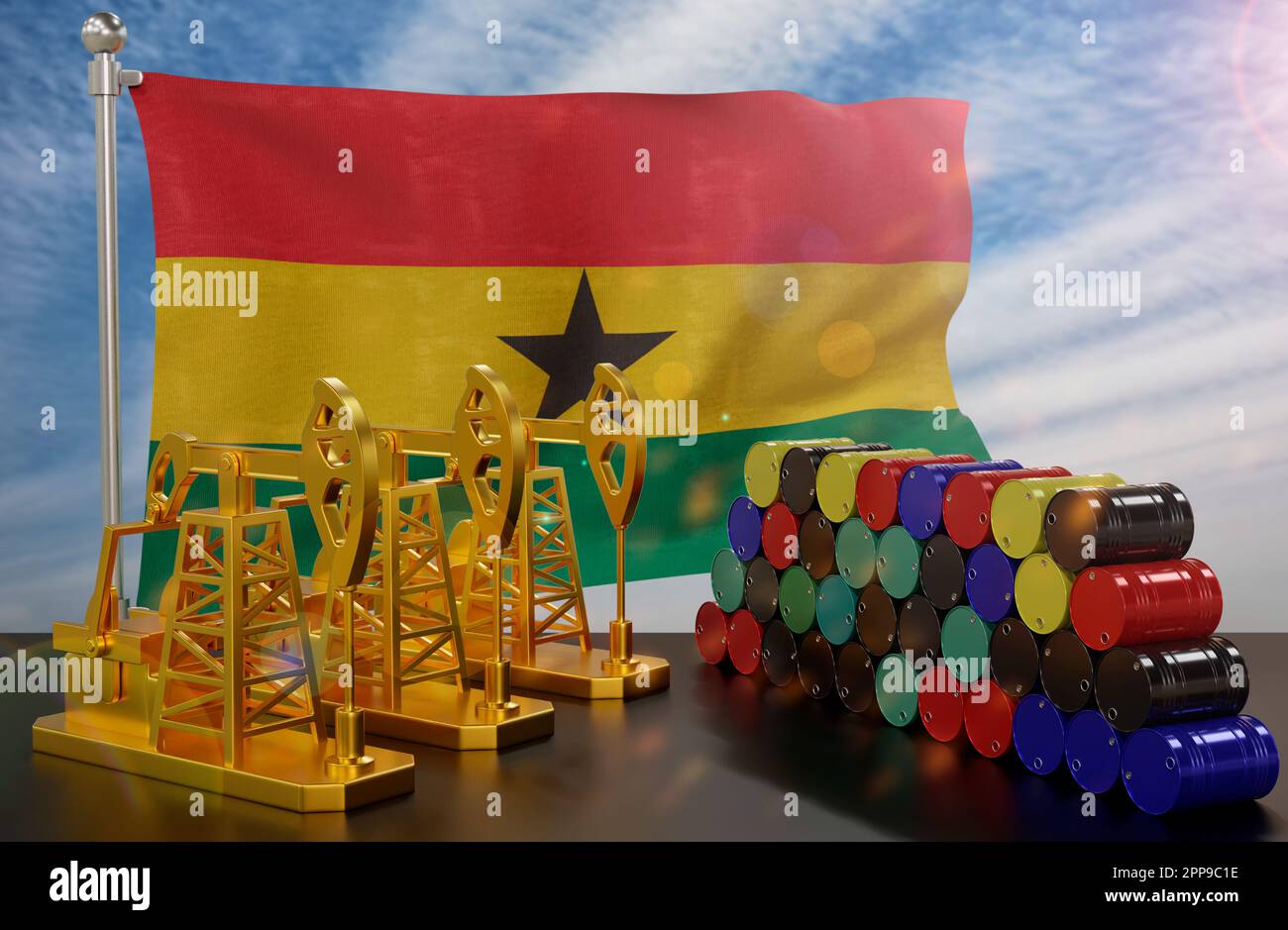 The Ghana's petroleum market. Oil pump made of gold and barrels of
