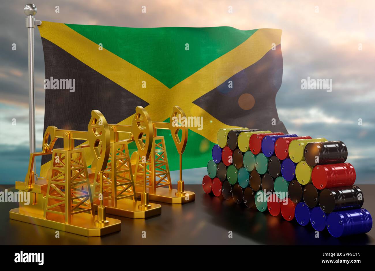 The Jamaica's petroleum market. Oil pump made of gold and barrels of