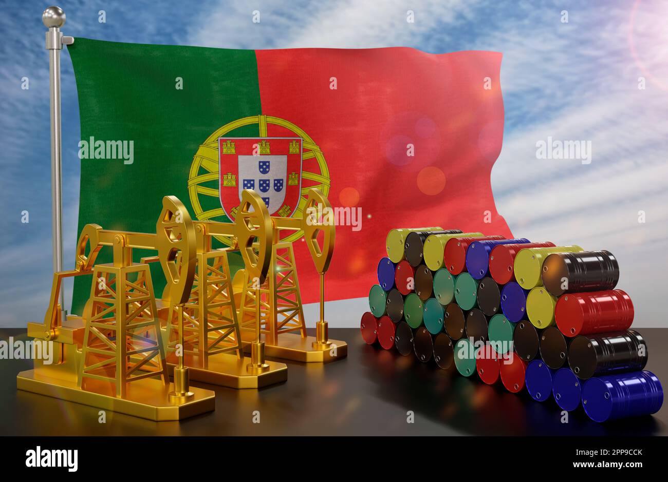 The Portugal's petroleum market. Oil pump made of gold and barrels of
