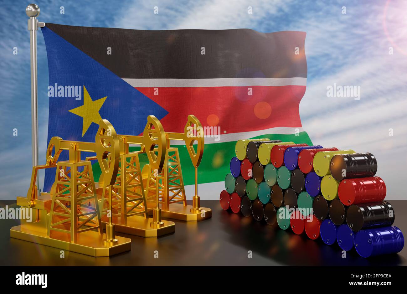 The South Sudan's petroleum market. Oil pump made of gold and barrels of metal. The concept of oil production, storage and value. South Sudan flag in Stock Photo