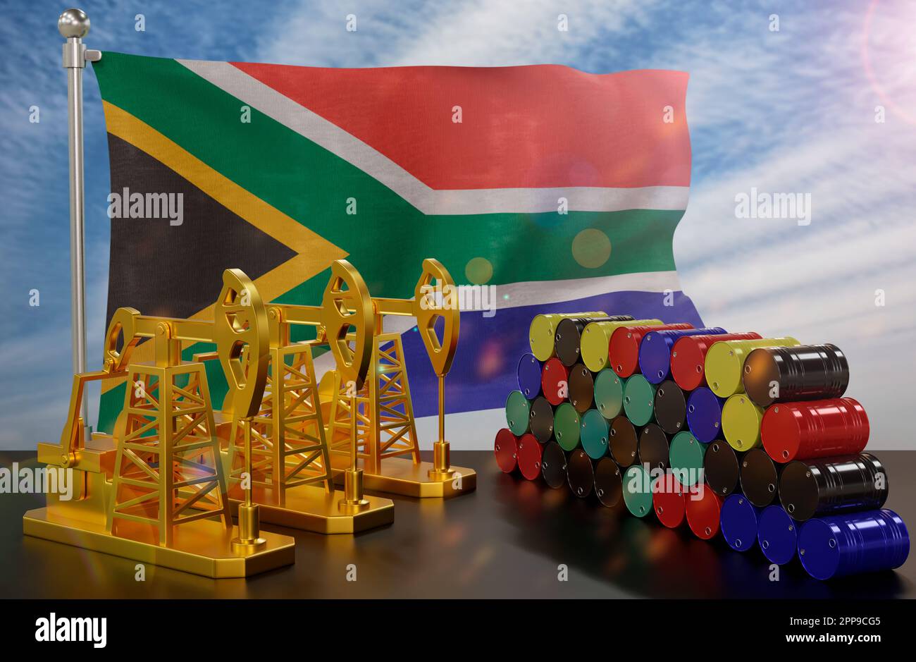 The South Africa's petroleum market. Oil pump made of gold and barrels
