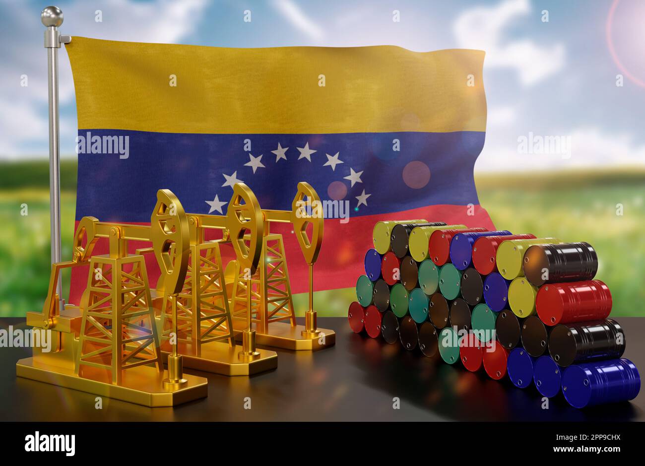 The Venezuela's petroleum market. Oil pump made of gold and barrels of