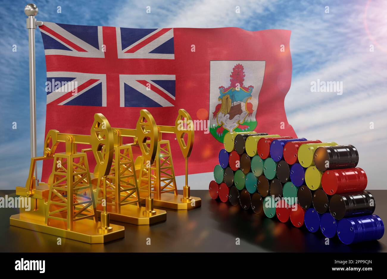 The Bermuda's petroleum market. Oil pump made of gold and barrels of metal.  The concept of oil production, storage and value. Bermuda flag in backgrou  Stock Photo - Alamy