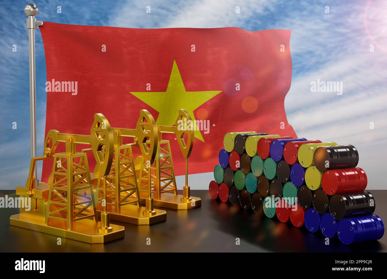 The Vietnam's petroleum market. Oil pump made of gold and barrels of
