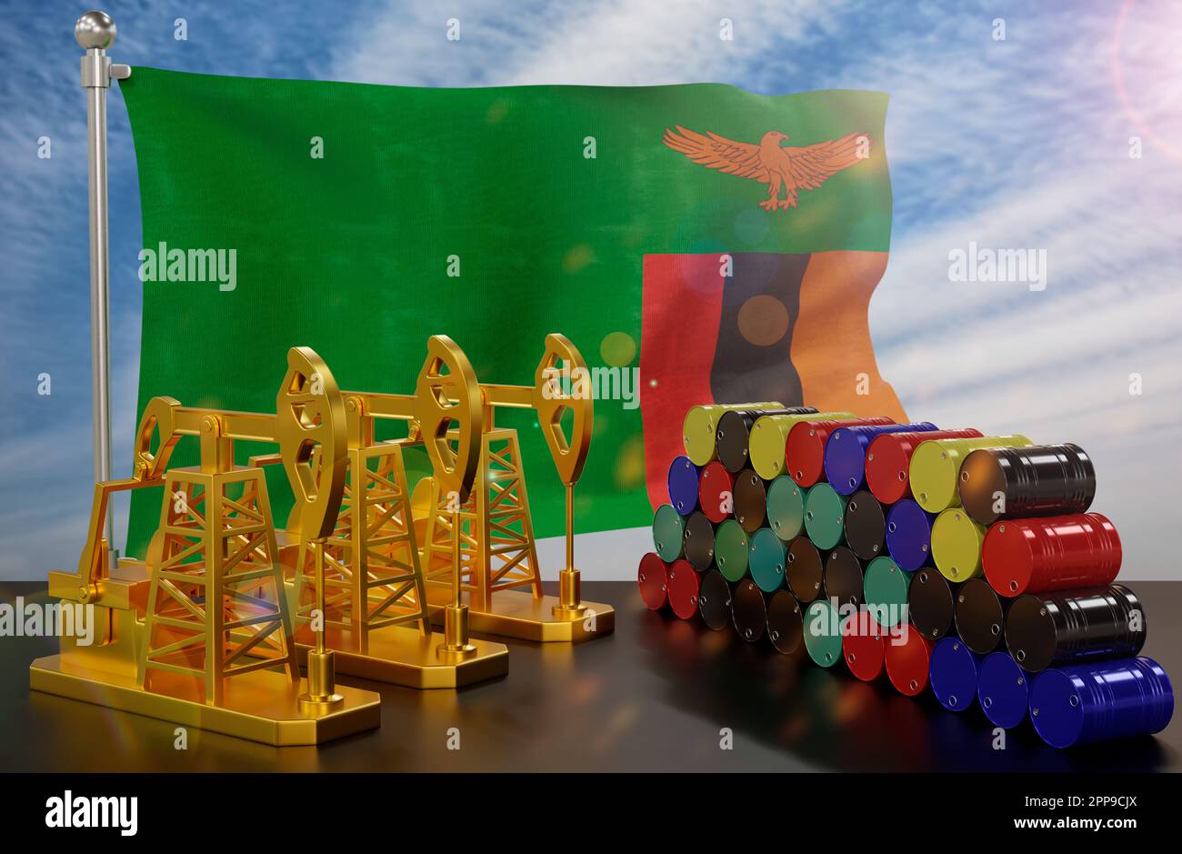 The Zambia's petroleum market. Oil pump made of gold and barrels of metal. The concept of oil production, storage and value. Zambia flag in background Stock Photo