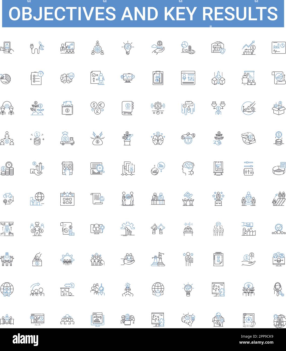 Objectives and Key Results outline icons collection. Goals, Objectives, Success