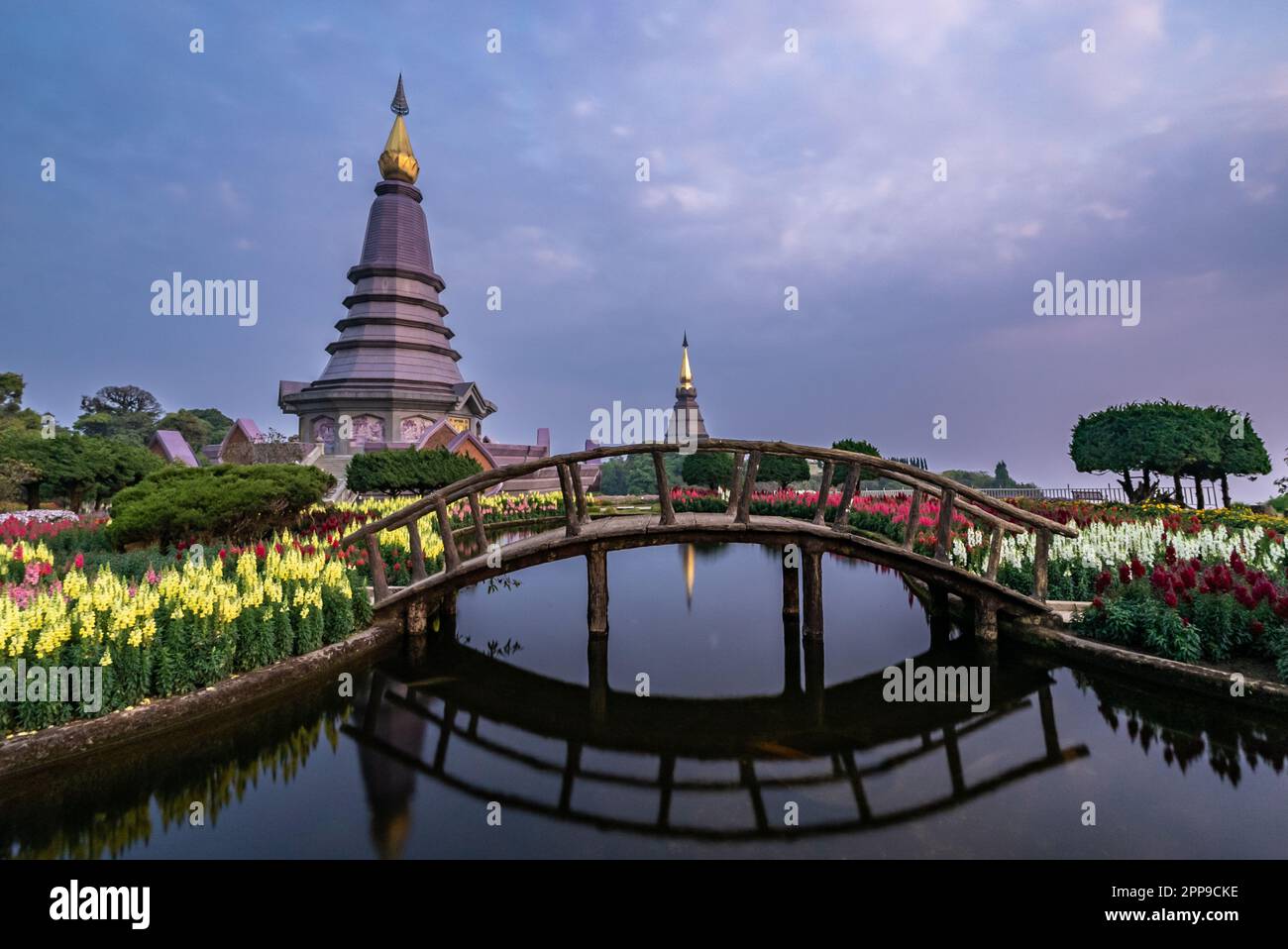 Chiang Mai, Thailand - 18 March 2023 -Phra Mahathat monuments on Doi Inthanon in Chiang Mai, Thailand on a cloudy evening Stock Photo