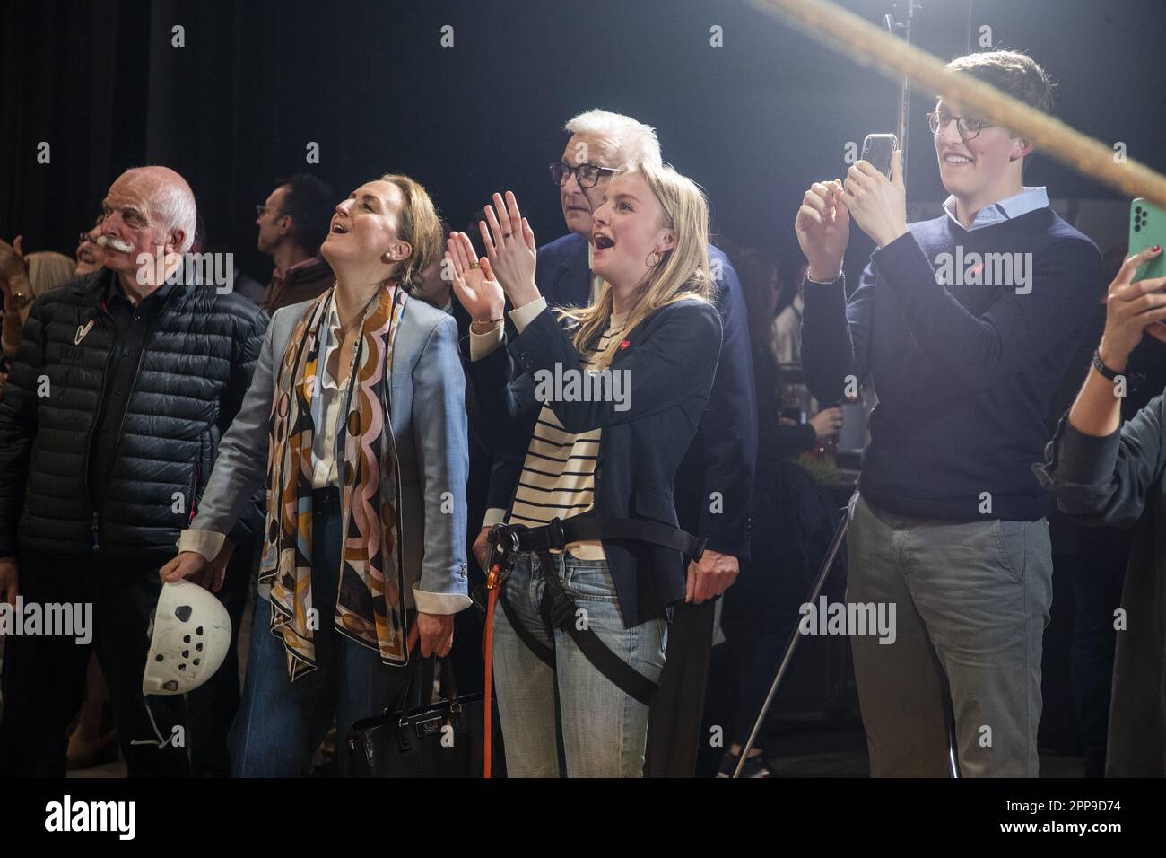 Mons, Belgium. 22nd Apr, 2023. Princess Claire of Belgium, Princess Louise, Prince Laurent of Belgium and Prince Nicolas pictured during the closing ceremony of the 'Televie' 2023 charity event of the RTL-TVi television chains, Saturday 22 April 2023 in Mons. BELGA PHOTO NICOLAS MAETERLINCK Credit: Belga News Agency/Alamy Live News Stock Photo