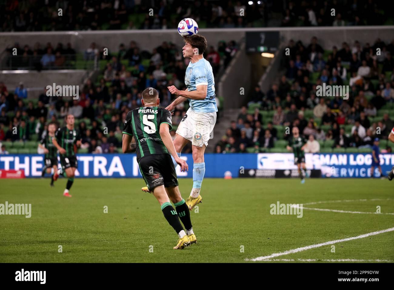 Melbourne, Australia, 22 April, 2023. Jordan Bos of Melbourne City FC heads the ball during the A-League Men's football match between Western United and Melbourne City at AAMI Park on April 22, 2023 in Melbourne, Australia. Credit: Dave Hewison/Speed Media/Alamy Live News Stock Photo