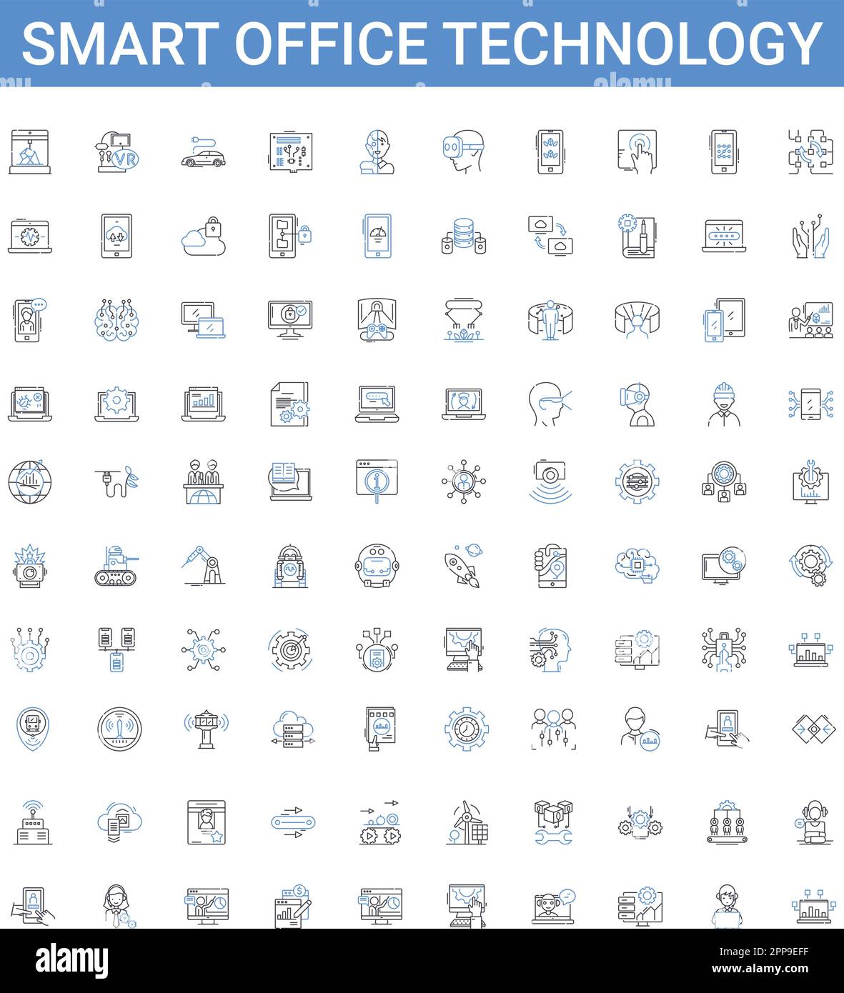 Smart office technology outline icons collection. Smart, Office, Technology, Automation, Computing, Networking, AI vector illustration set. Automated Stock Vector