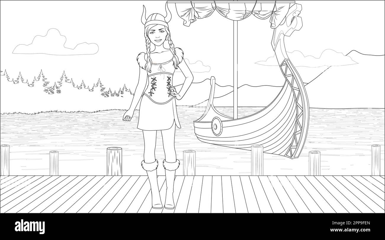 Viking Girl Coloring Page with a Ship Background in the Sea. Vector Illustration Stock Vector