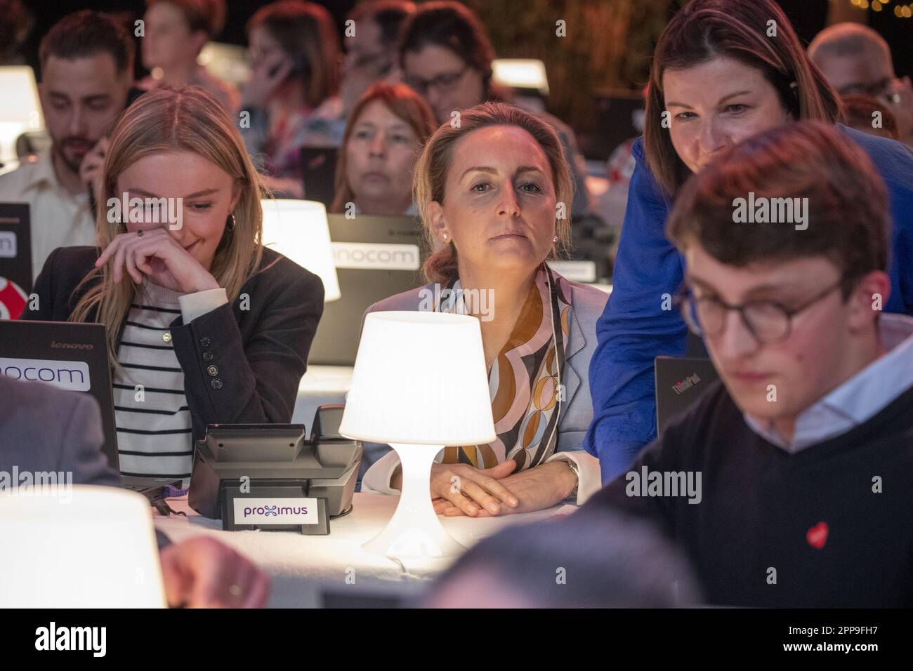 Mons, Belgium. 22nd Apr, 2023. Princess Louise, Princess Claire of Belgium and Prince Nicolas pictured during the closing ceremony of the 'Televie' 2023 charity event of the RTL-TVi television chains, Saturday 22 April 2023 in Mons. BELGA PHOTO NICOLAS MAETERLINCK Credit: Belga News Agency/Alamy Live News Stock Photo