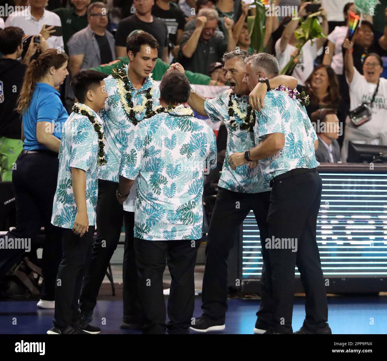 April 22, 2023 - Hawaii Rainbow Warriors coaching staff celebrate winning the Big West Conference Championship match between the UC Irvine Anteaters and the Hawaii Rainbow Warriors at the Bren Events Center in Irvine, CA - Michael Sullivan/CSM Stock Photo