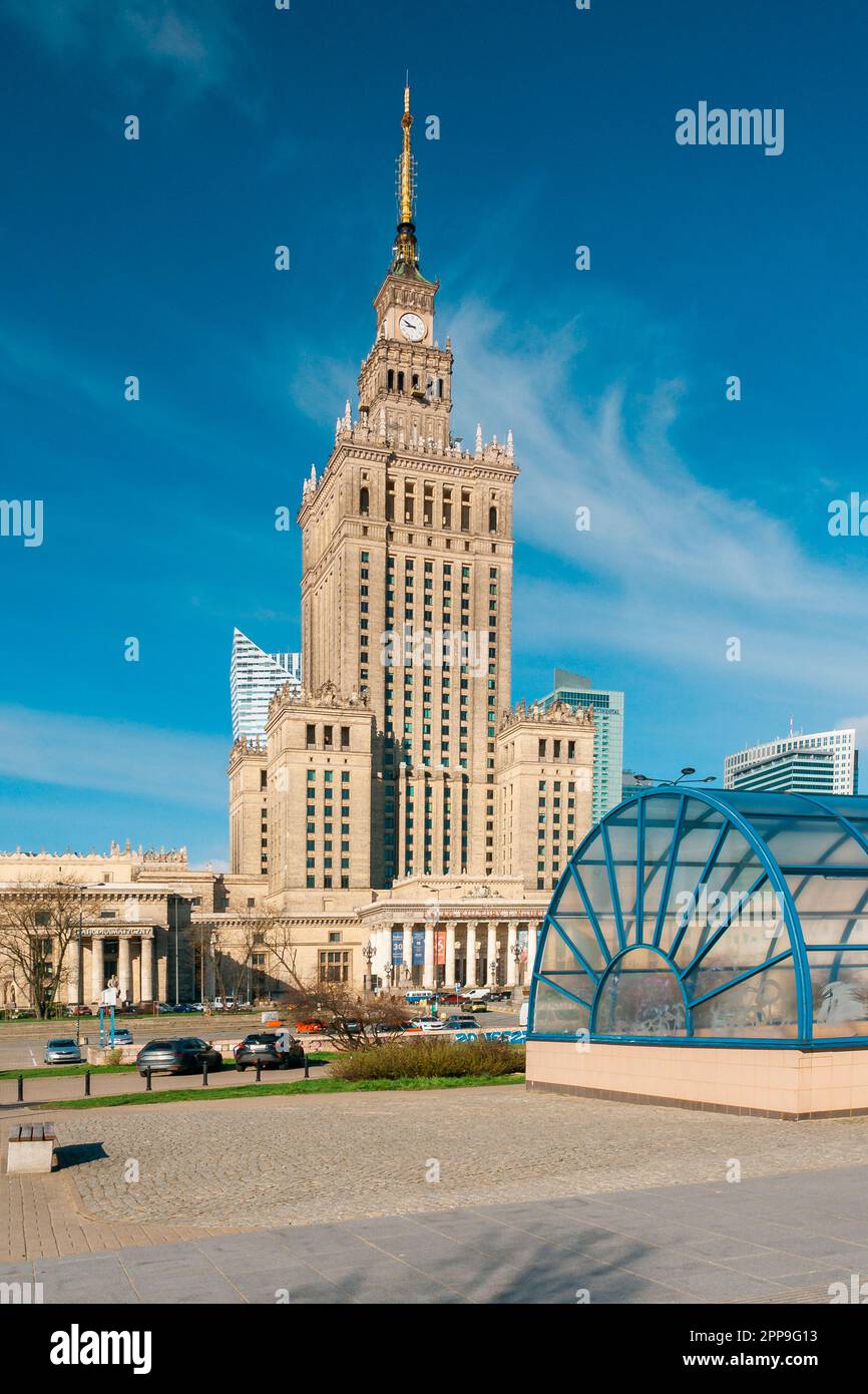 Palace of Culture and Science in Warsaw. Communist architecture. Warsaw City center. Subway entrance. Masovia, Poland Stock Photo
