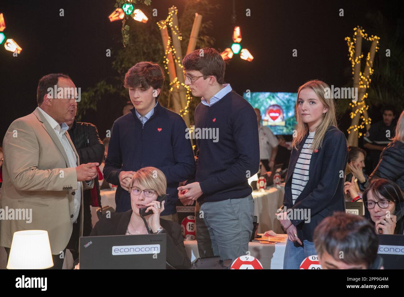 Mons, Belgium. 22nd Apr, 2023. Thomas de Bergereyck, Prince Aymeric, Prince Nicolas and Princess Louise pictured during the closing ceremony of the 'Televie' 2023 charity event of the RTL-TVi television chains, Saturday 22 April 2023 in Mons. BELGA PHOTO NICOLAS MAETERLINCK Credit: Belga News Agency/Alamy Live News Stock Photo