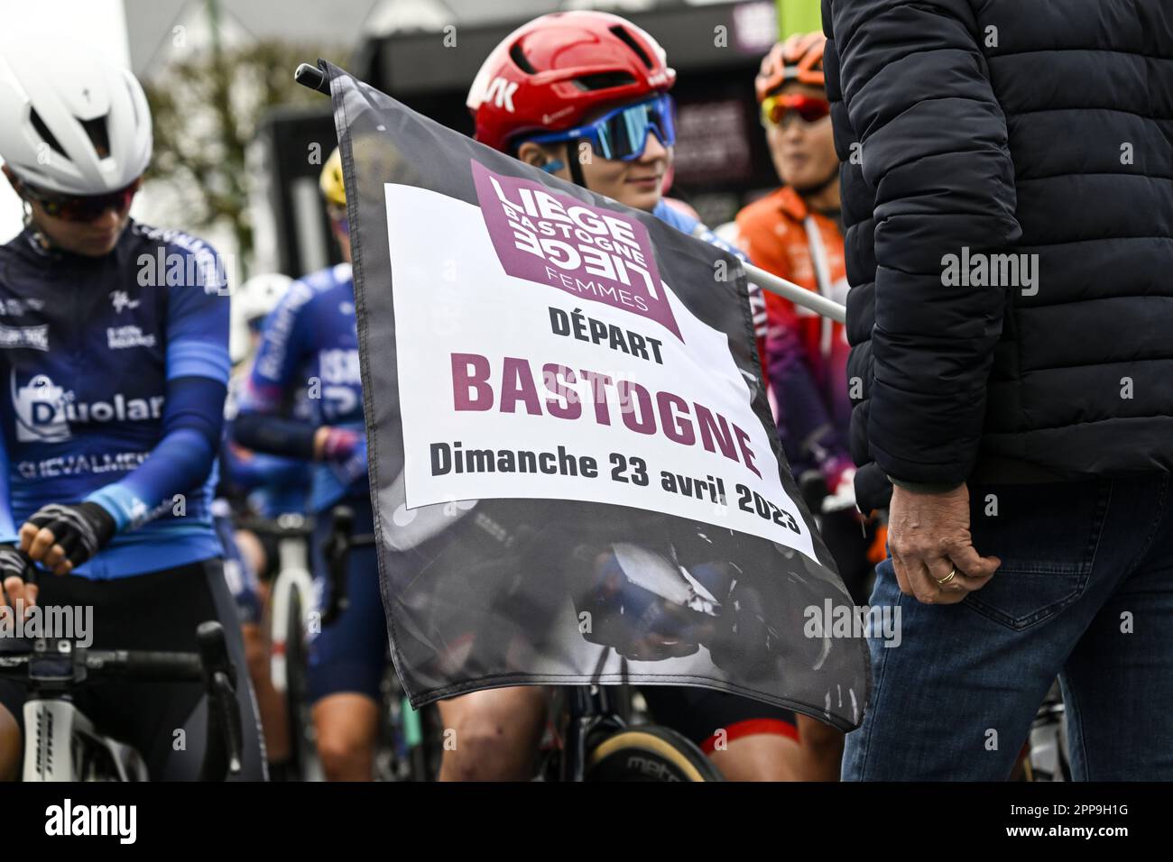 Liege, Belgium. 23rd Apr, 2023. Illustration picture shows the start of the women elite race of the Liege-Bastogne-Liege one day cycling event, 142,1km from Liege, over Bastogne to Liege, Sunday 23 April 2023. BELGA PHOTO TOM GOYVAERTS Credit: Belga News Agency/Alamy Live News Stock Photo