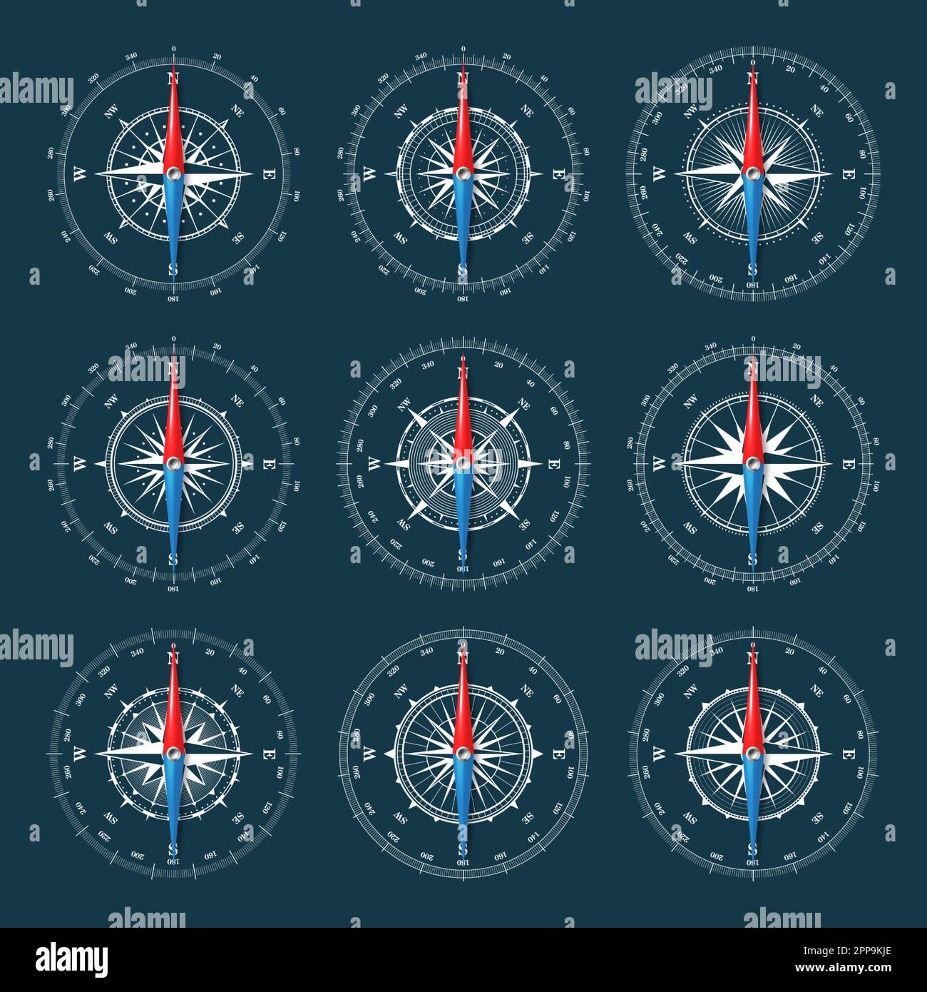 Marine compass, nautical wind rose with cardinal directions of North, East,  South, West and degree markings. Geographical position and orientation  Stock Vector Image & Art - Alamy