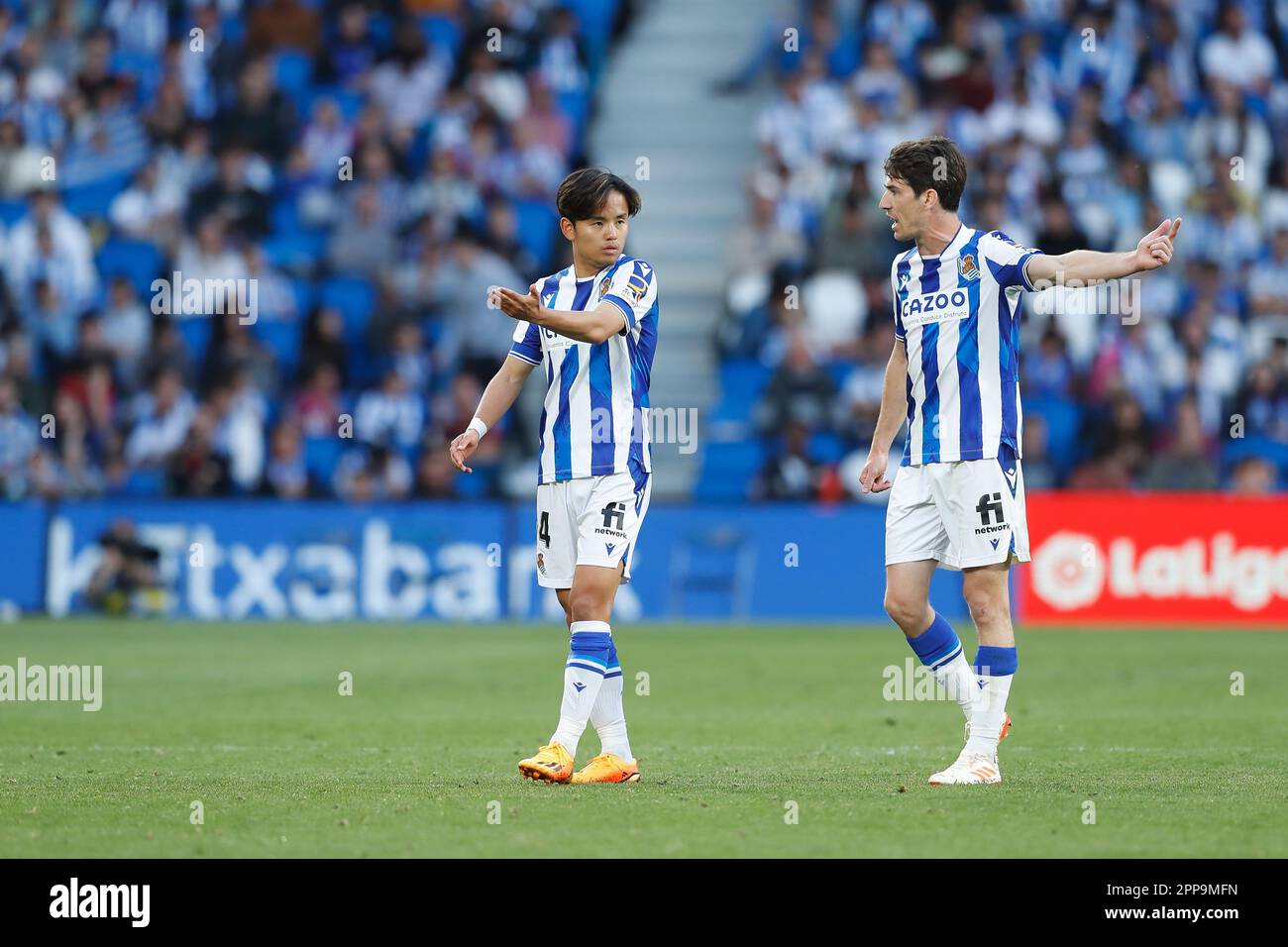 San Sebastian, Spain. 22nd Apr, 2023. (L-R) Takefusa Kubo, Imanol Alguacil  (Sociedad) Football/Soccer : Spanish La Liga Santander match between Real  Sociedad 2-1 Rayo Vallecano at the Reale Arena in San Sebastian