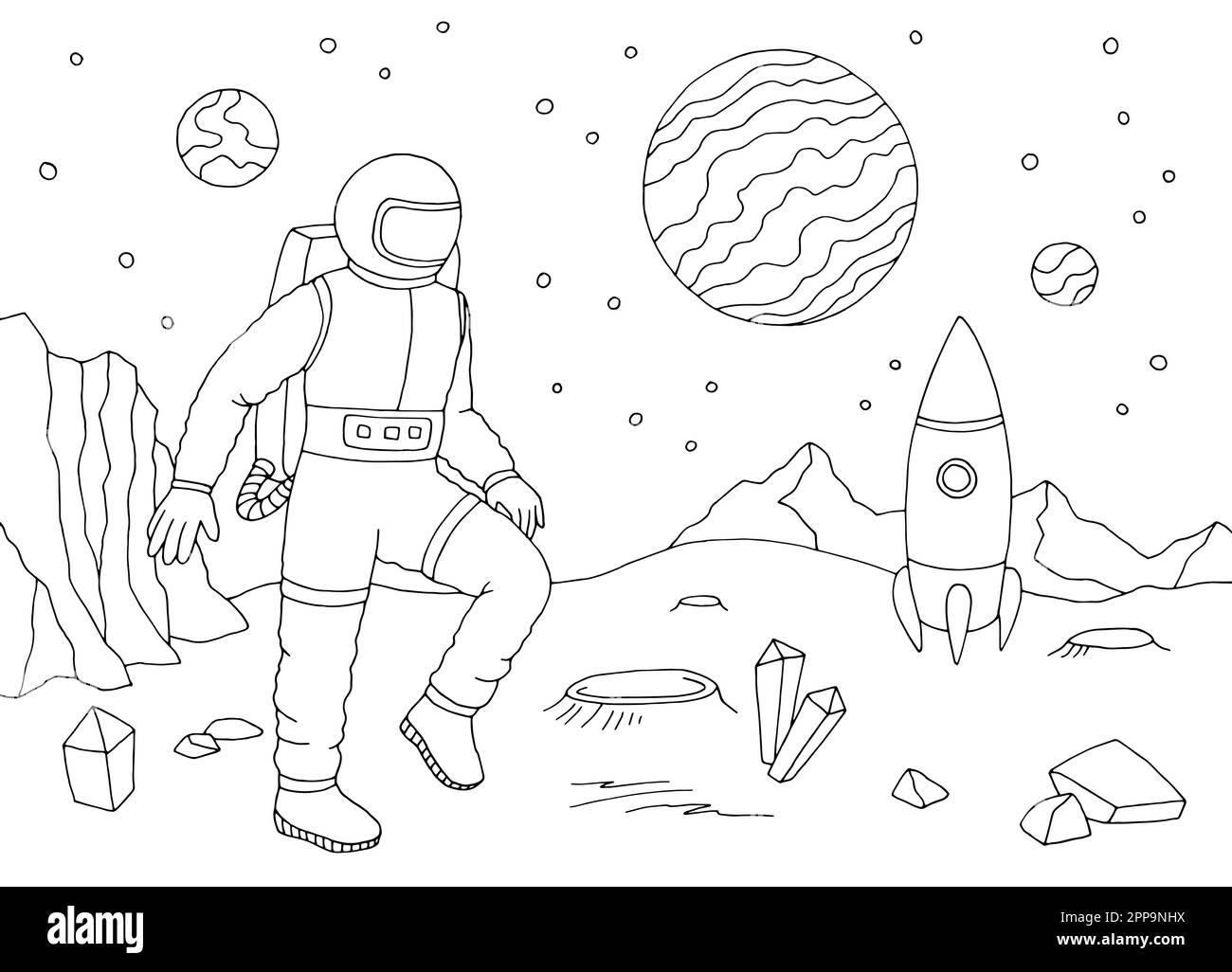 Spaceman astronaut walking on alien planet. Graphic black and white space landscape sketch illustration, vector Stock Vector