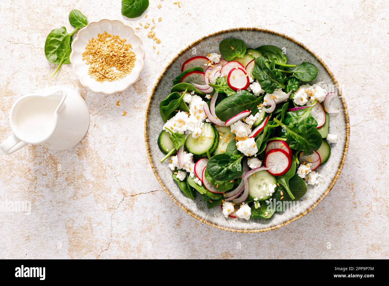 Spinach and cottage cheese fresh green vegetable salad with radish, cucumber and yogurt, healthy diet food, top view Stock Photo