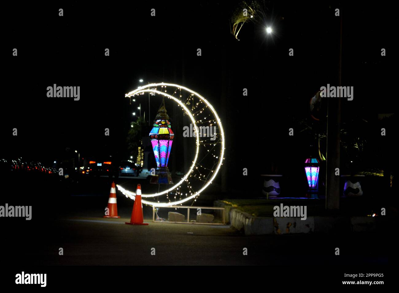 Cairo, Egypt, April 17 2023 A crescent made with led lights with