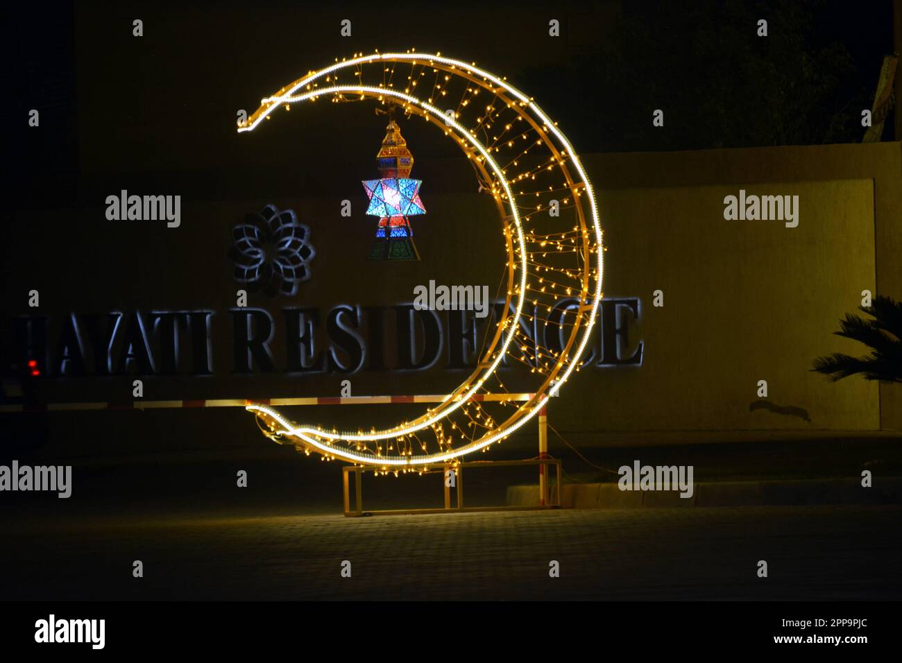 Cairo, Egypt, April 17 2023 A crescent made with led lights with