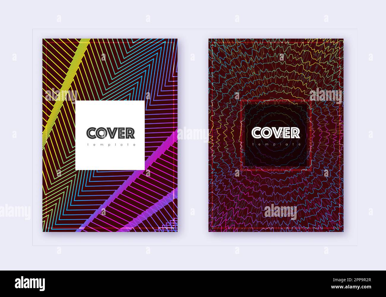 Hipster cover design template set. Rainbow abstract lines on wine red