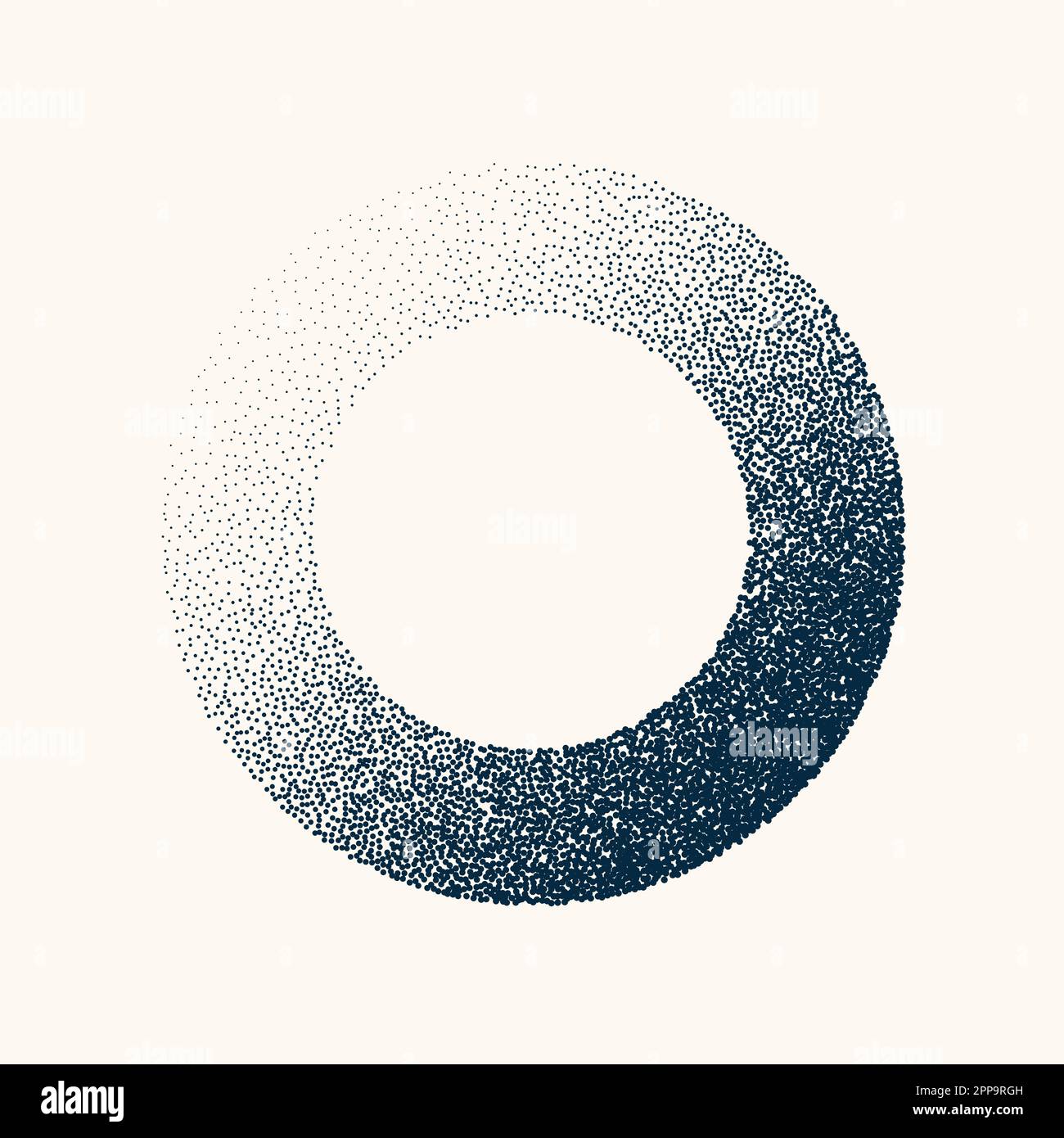 Round shaped dotted object, vintage stipple element. Fading gradient. Stippling, dotwork drawing, shading using dots. Halftone disintegration effect Stock Vector