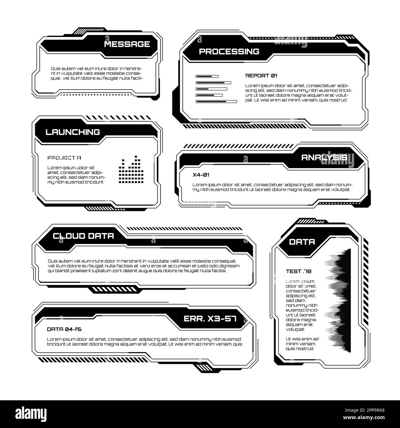 Black futuristic HUD, UI elements. Sci-fi user interface text boxes ...