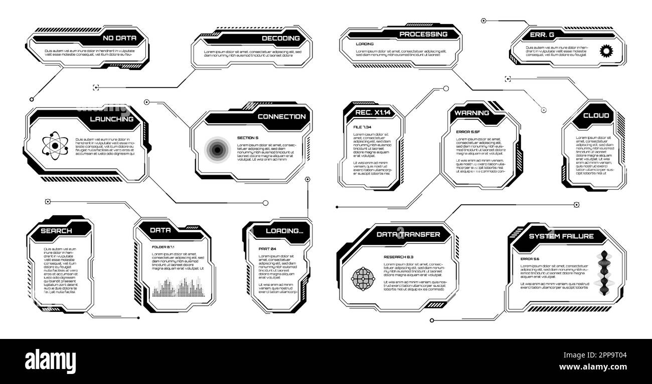 Black futuristic HUD, UI elements. Sci-fi user interface text boxes ...