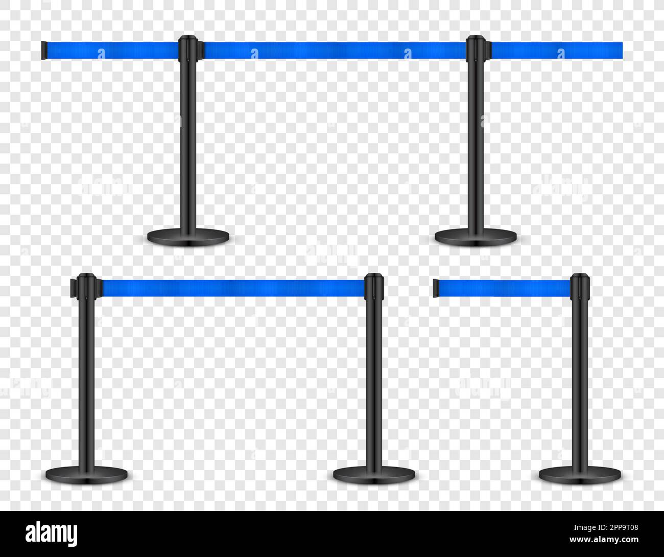 Realistic blue retractable belt stanchion. Crowd control barrier posts