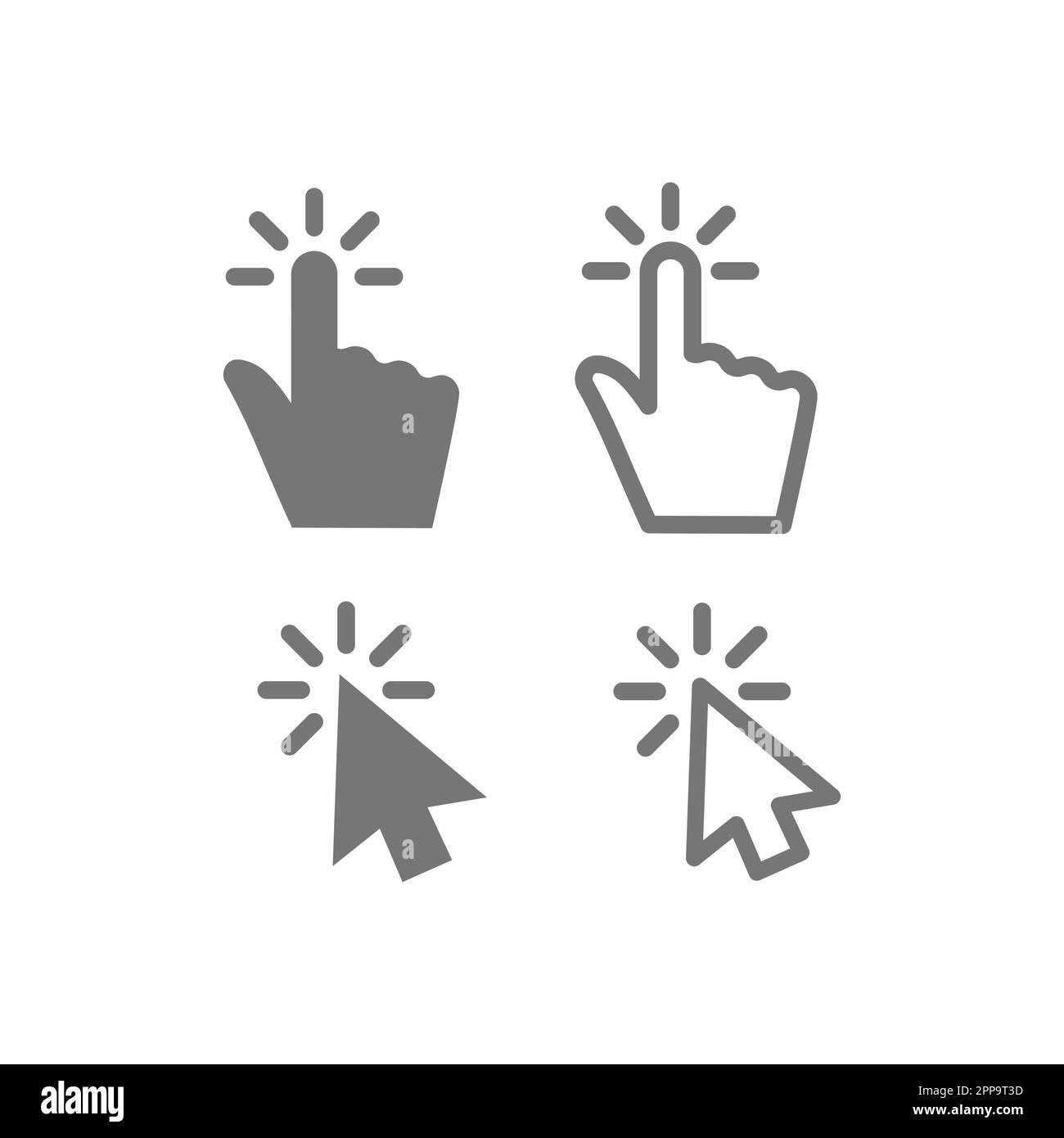 Mouse hand and arrow click line and fill vector icon set. Cursor clicking outline icons. Stock Vector