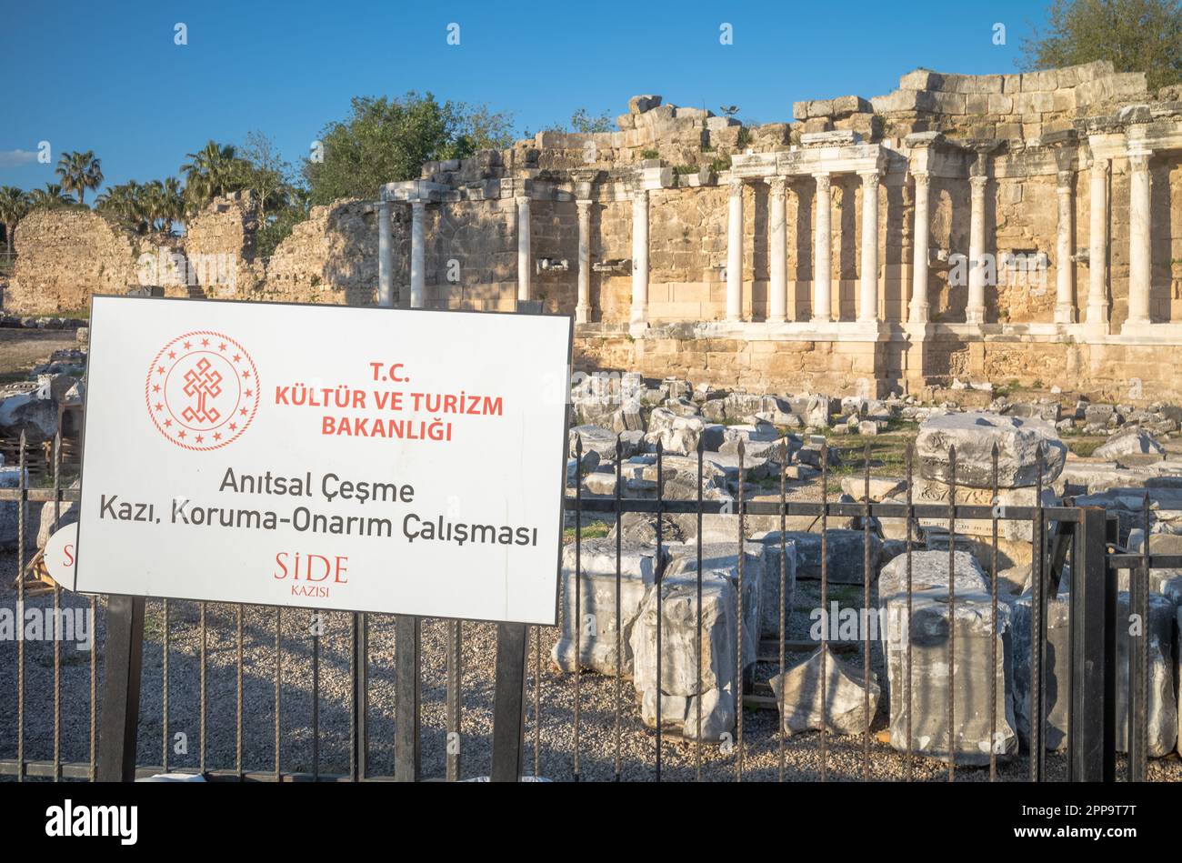 A sign describing conservation work going on at the Monumental Fountain