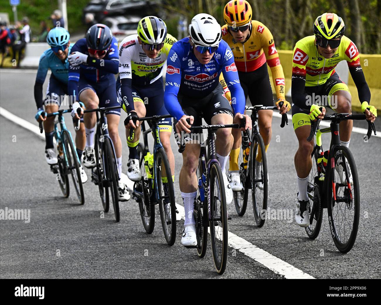 Liege, Belgium. 23rd Apr, 2023. Italian Simone Velasco of Astana Qazaqstan, Dutch Lars van den Berg of Groupama-FDJ, German Georg Zimmerman of Intermarche-Circus-Wanty, German Jason Osborne of Alpecin-Deceuninck, Norwegian Fredrik Dversnes of Uno-X and Belgian Johan Meens of Bingoal WB pictured in action during the men elite race of the Liege-Bastogne-Liege one day cycling event, 258,5km from Liege, over Bastogne to Liege, Sunday 23 April 2023. BELGA PHOTO JASPER JACOBS Credit: Belga News Agency/Alamy Live News Stock Photo