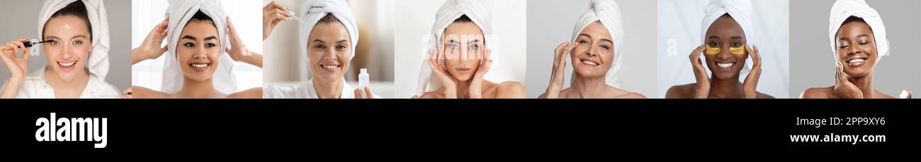 Skin Care Concept. Diverse Beautiful Women Making Beauty Treatments At Home Stock Photo