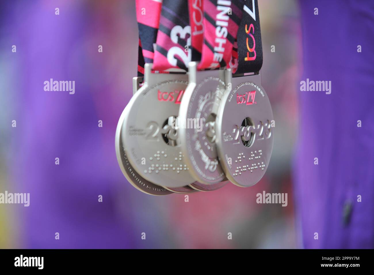 London, UK. 23rd Apr, 2023. Medals hanging at the end of the 2023 TCS London Marathon ready for the finishers. Credit: Michael Preston/Alamy Live News Credit: Michael Preston/Alamy Live News Stock Photo