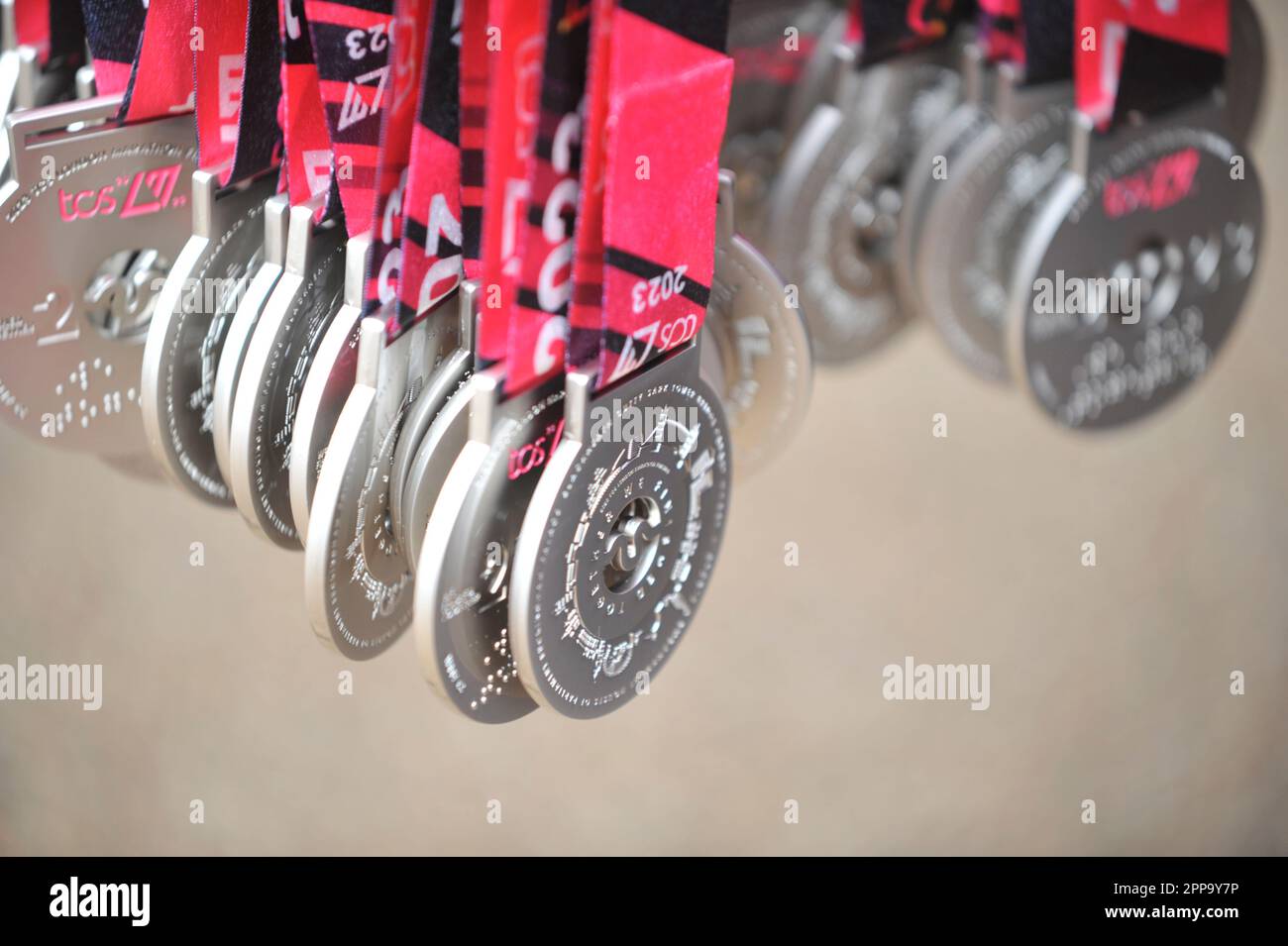 London, UK. 23rd Apr, 2023. Medals hanging at the end of the 2023 TCS London Marathon ready for the finishers. Credit: Michael Preston/Alamy Live News Credit: Michael Preston/Alamy Live News Stock Photo
