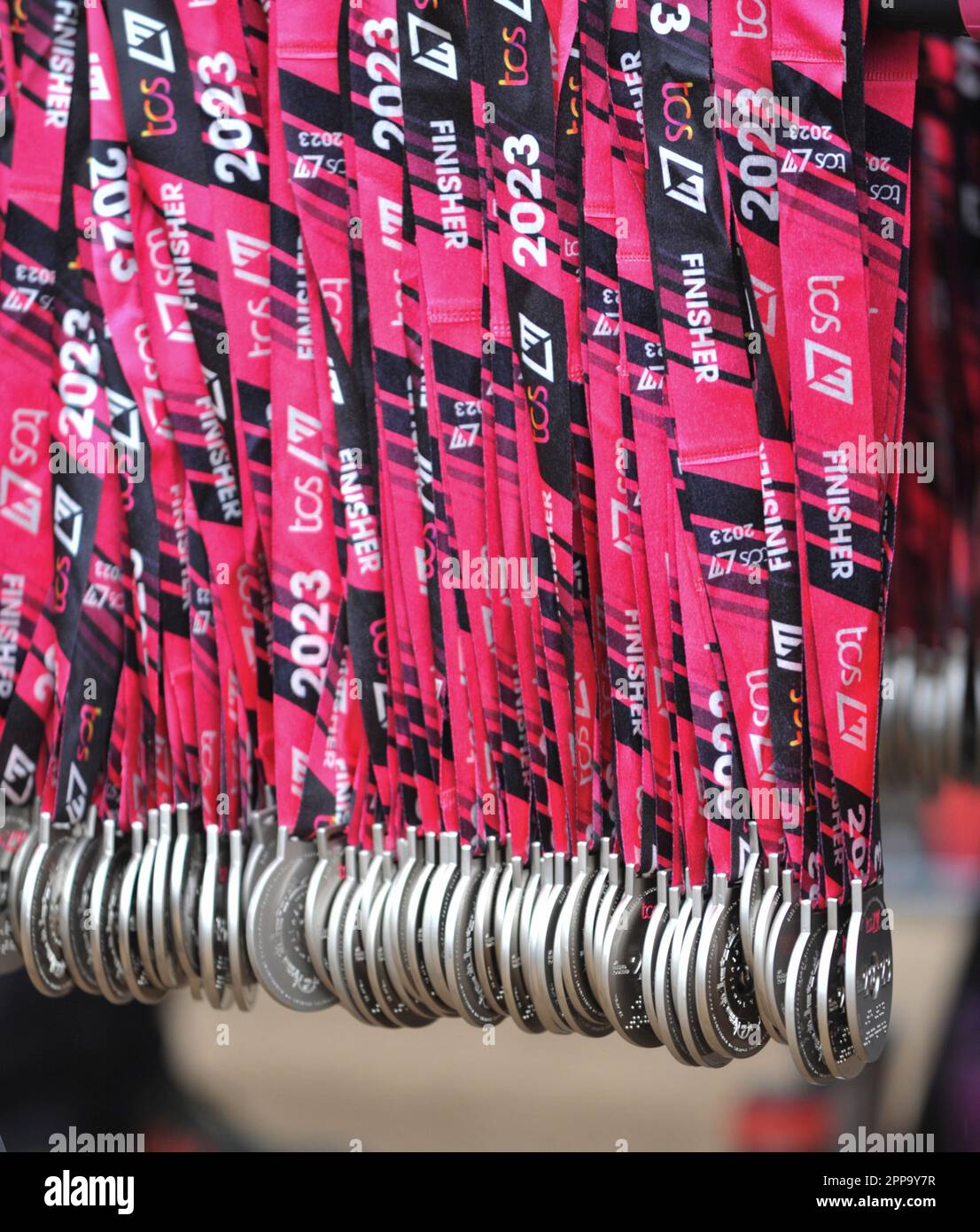 London, UK. 23rd Apr, 2023. Medals hanging at the end of the 2023 TCS