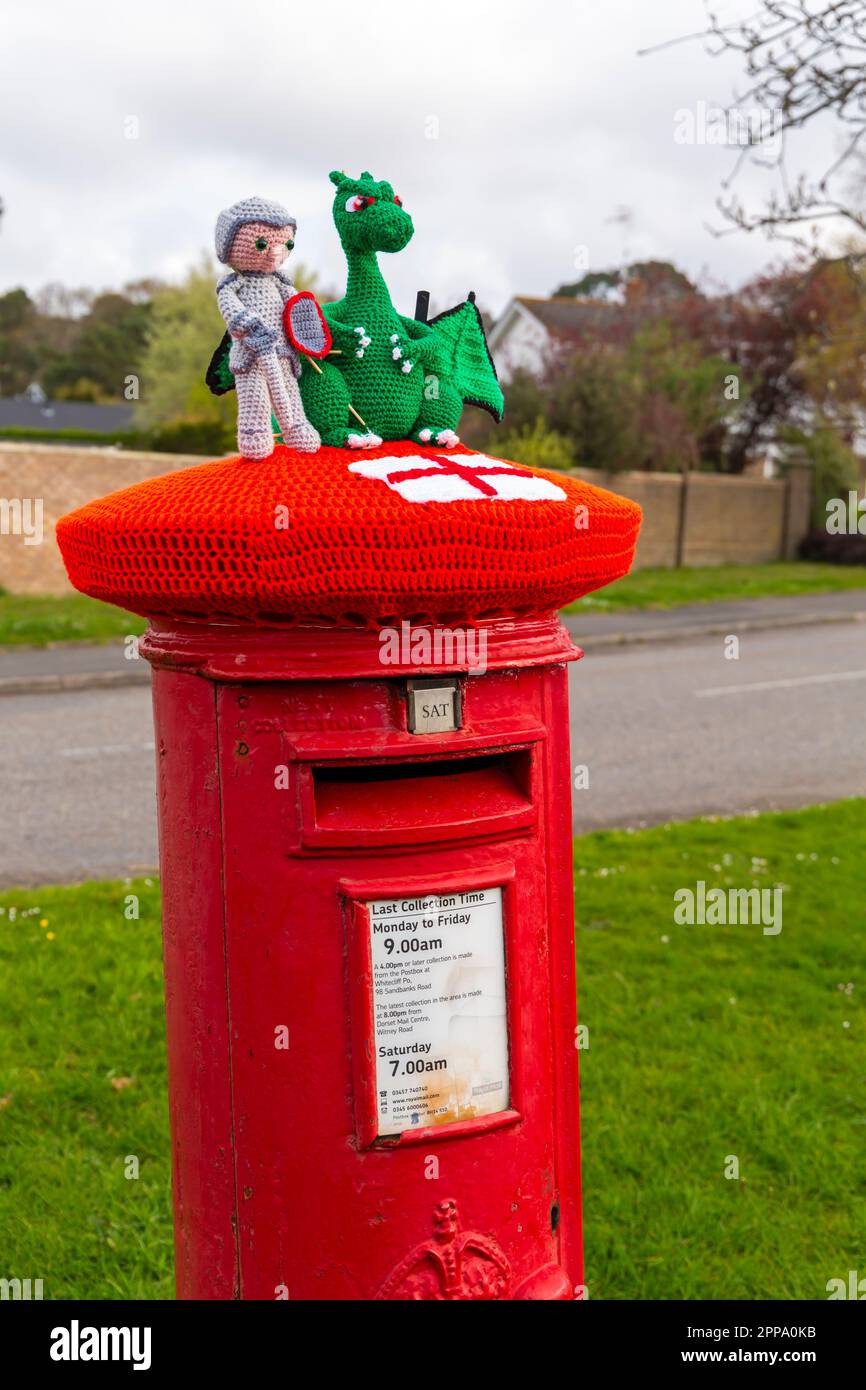 Poole, Dorset, UK. 23rd April 2023. A knitted crocheted postbox topper