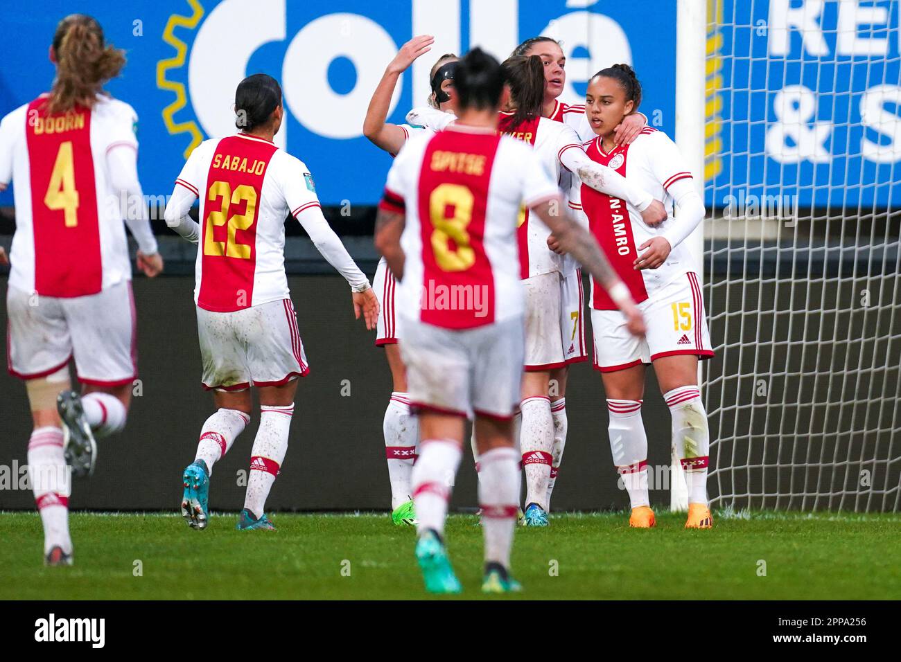 SITTARD, NETHERLANDS - APRIL 22: Romee Leuchter of Ajax celebrates after scoring the team's second goal with Quinty Sabajo of Ajax, Lisa Doorn of Ajax, Liza van der Most of Ajax and Sherida Spitse of Ajax during the Azerion Vrouwen Eredivisie match between Fortuna Sittard and Ajax at the Fortuna Sittard Stadion on April 22, 2023 in Sittard, Netherlands (Photo by Joris Verwijst/Orange Pictures) Stock Photo