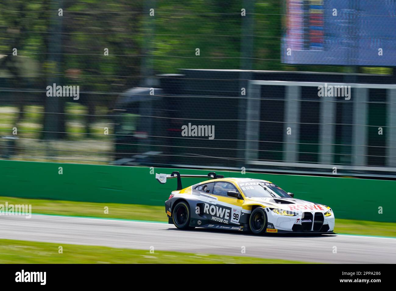 Monza, Italy. 23rd Apr, 2023. The #98 Rowe Racing BMW M4 GT3 of Philipp ENG, Marco WITTMANN and Nicholas YELLOLY (PRO) during the Fanatec GT World Challenge Europe at Autodromo di Monza on April 22, 2023 in Monza, Italy. Credit: Luca Rossini/E-Mage/Alamy Live News Stock Photo