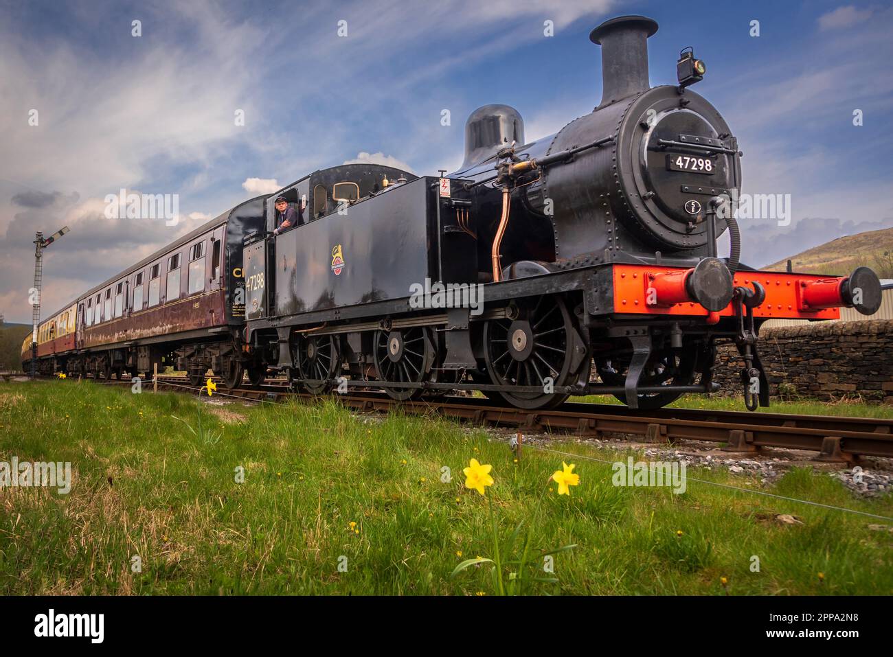 A London, Midland and Scottish Railway (LMS) Fowler 3F 0-6-0T tank engine known as a Jinty pictured on the East Lncasire Railway seen leaving Rawtenst Stock Photo