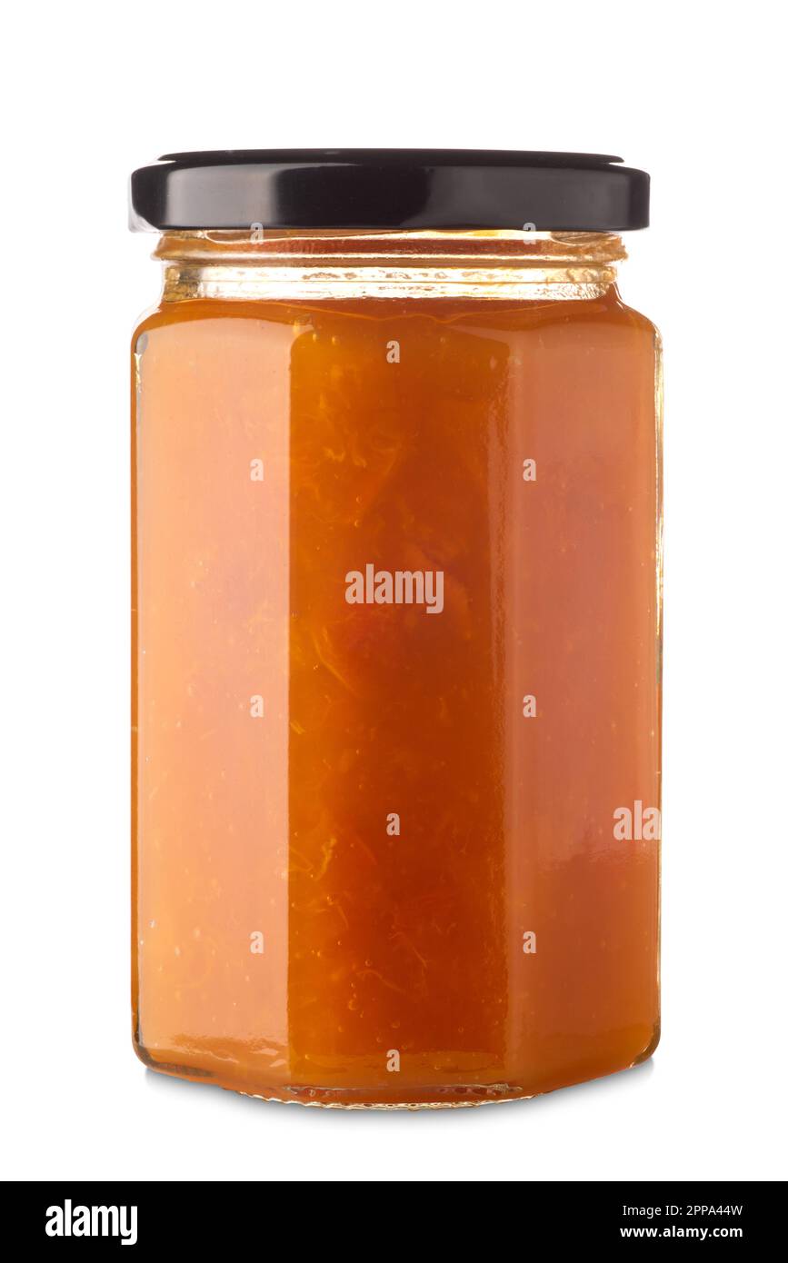 apricot jam in glass jar, cut out on white with clipping path included