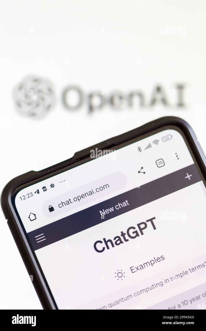 Stuttgart, Germany - April 14, 2023: ChatGPT artificial intelligence AI Chat GPT with OpenAI logo portrait format in Stuttgart, Germany. Stock Photo
